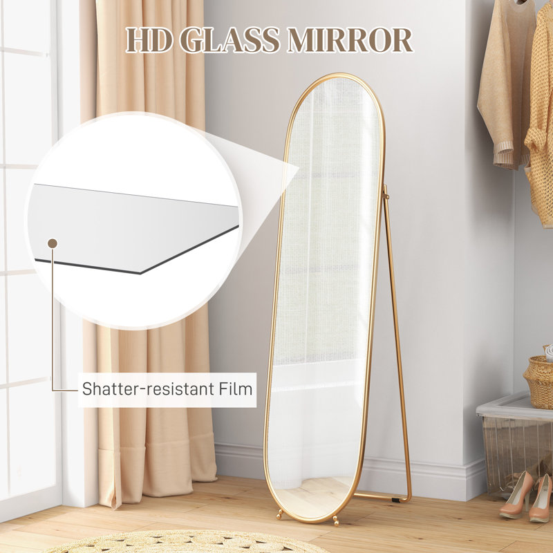 Full length mirror, 160 x 40cm wall mirror with stand, metal frame, Gold