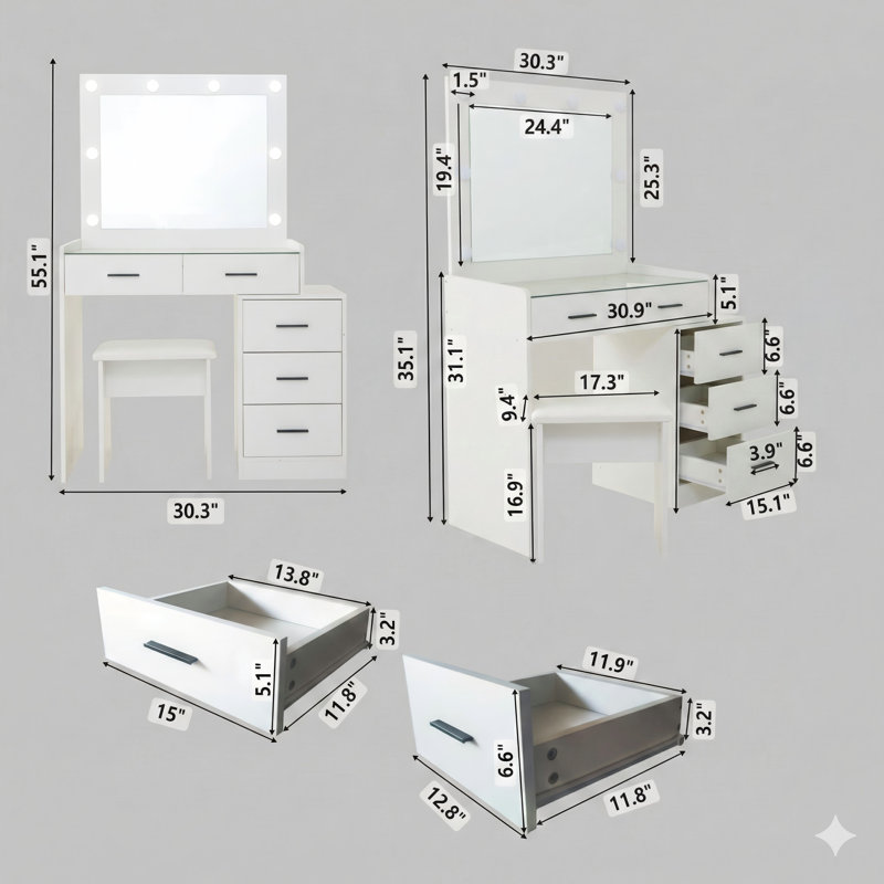 An Adjustable Dressing Table In White Color, Featuring Five Drawers.