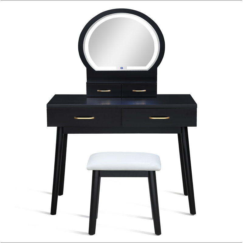 3Pc Vanity Table And Stool Set Built-In Led-Lit Mirror Matching Cushioned Stool Gold-Accented Handles Wooden Home Furniture