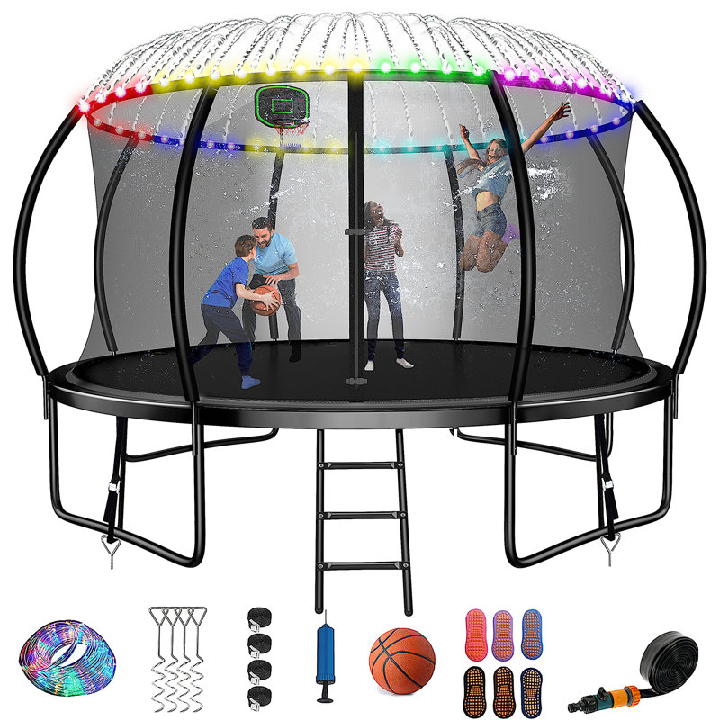 Trampoline de cour arrière de 10 pi avec enceinte de sécurité, gicleur et lumières, Noir, noir, noir, noir