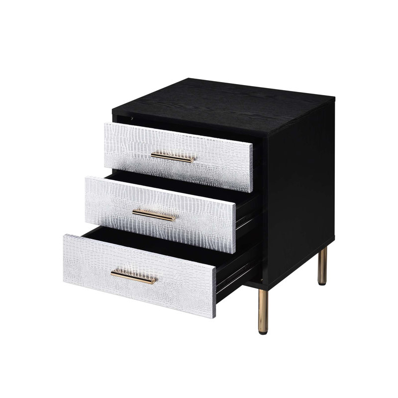 Table de chevet 3 tiroirs avec pieds en métal et façade tendance pour chambre or