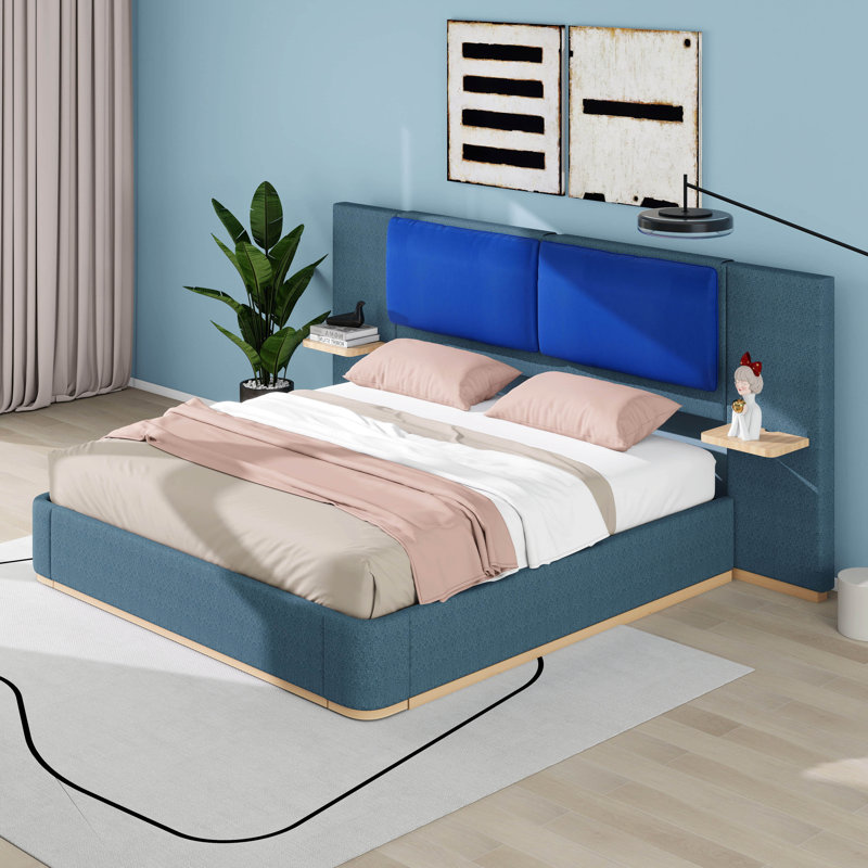 Lit plateforme tapissier très grand avec panneau, lit plateforme avec coins arrondis doux anti-collision, lattes en bois massif
