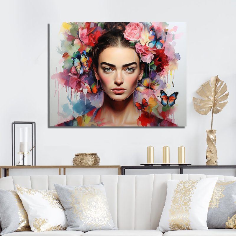 Frida Kahlo, couronne de fleurs, art mural, H 24 po x l 32 po x P 1 po, Toile tendue