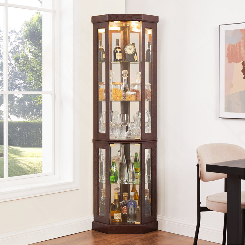 Corner Glass Cabinet Lighted Curio Cabinet Corner Display Case For Living Room, Curio Cabinet, Antique Collection, Wine,Bar Glass Storage Light Included