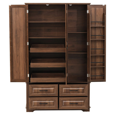 Armoire de cuisine de 183 cm (72 po) avec 3 plateaux coulissants, style campagnard, aspect bois gaufré, 5 étagères de porte, armoire rustique autoportante pour la cuisine ou la salle à manger, couleur noyer brun