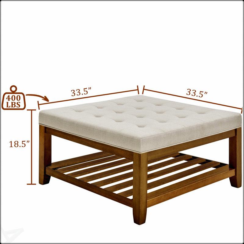 Table basse avec repose-pieds rembourré avec lin capitonné, tablette en bois de hêtre et cadre de salon, repose-pieds surdimensionné et rangement