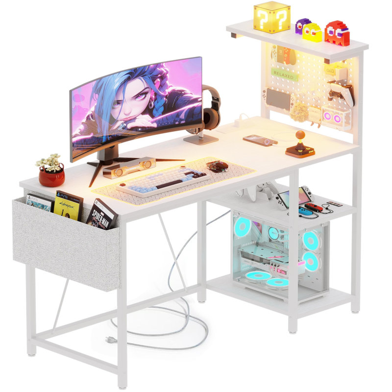 Metal Base Computer Desk with Power Outlet, White