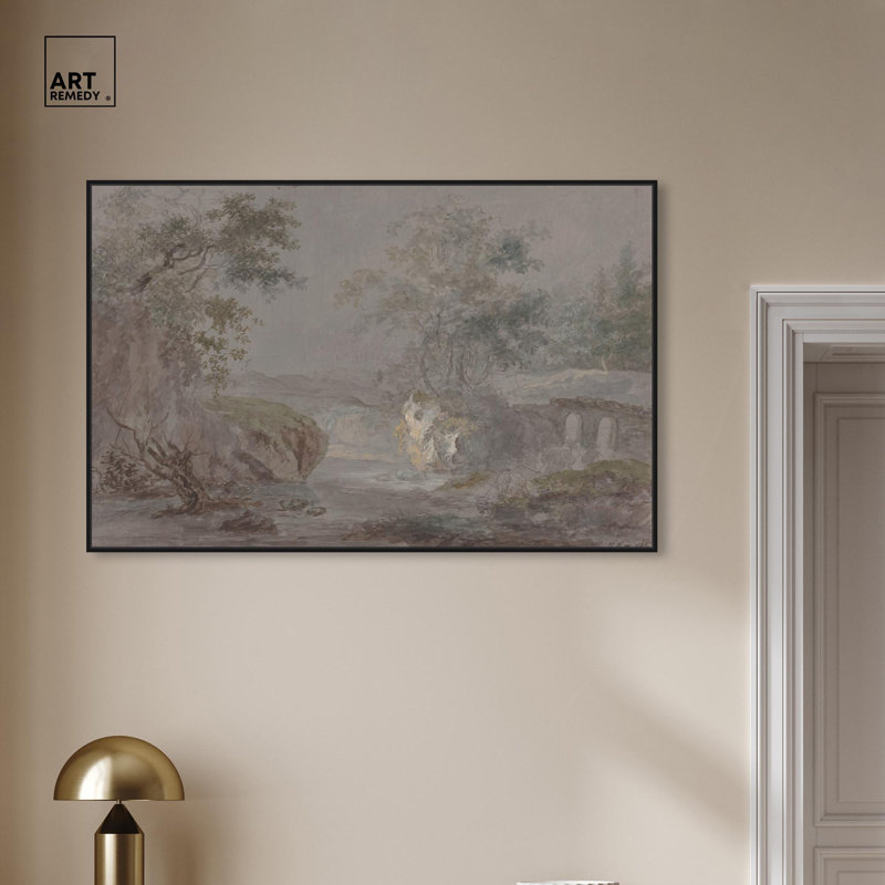 Wooded Cliffs Canvas Vintage Landscape Art by Art Remedy, 11" H x 16" W x 1.2" D, Black Framed