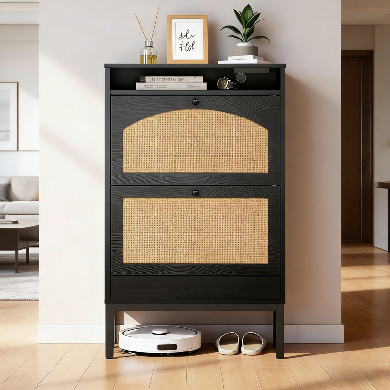 Flip-Door Shoe Cabinet With Charging Station, Black