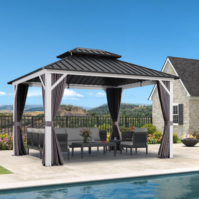 Purple Leaf 10' X 12' Hardtop Gazebo Outdoor Double Roof Gazebo White Aluminum Frame Pavilion With Curtain And Netting For Patio, Garden And Backyard, Grey