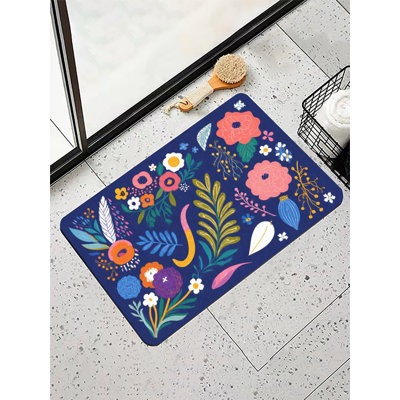 Bright Navy Colourful Floral Pattern Bath Mat, 36 X 24