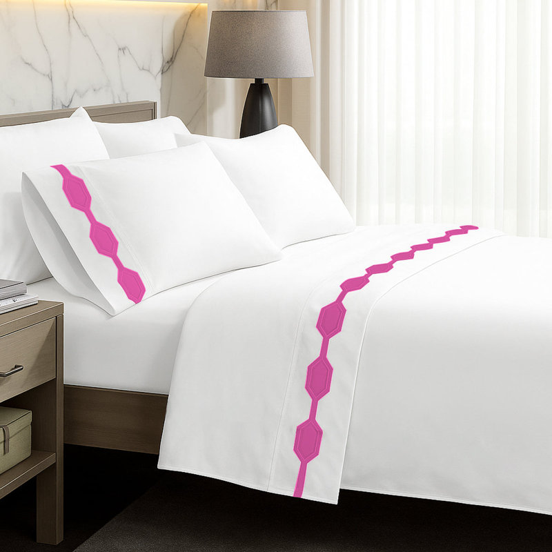 Hexagonal Applique Border Cotton Sheet Set, Hot Pink Border, Full Sheet Set