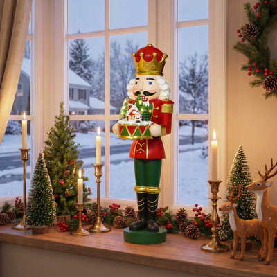 2Ft Battery-Operated Pre-Lit Nutcracker King Statue with Lighted Christmas Village Scene and Timer, Holiday Décor