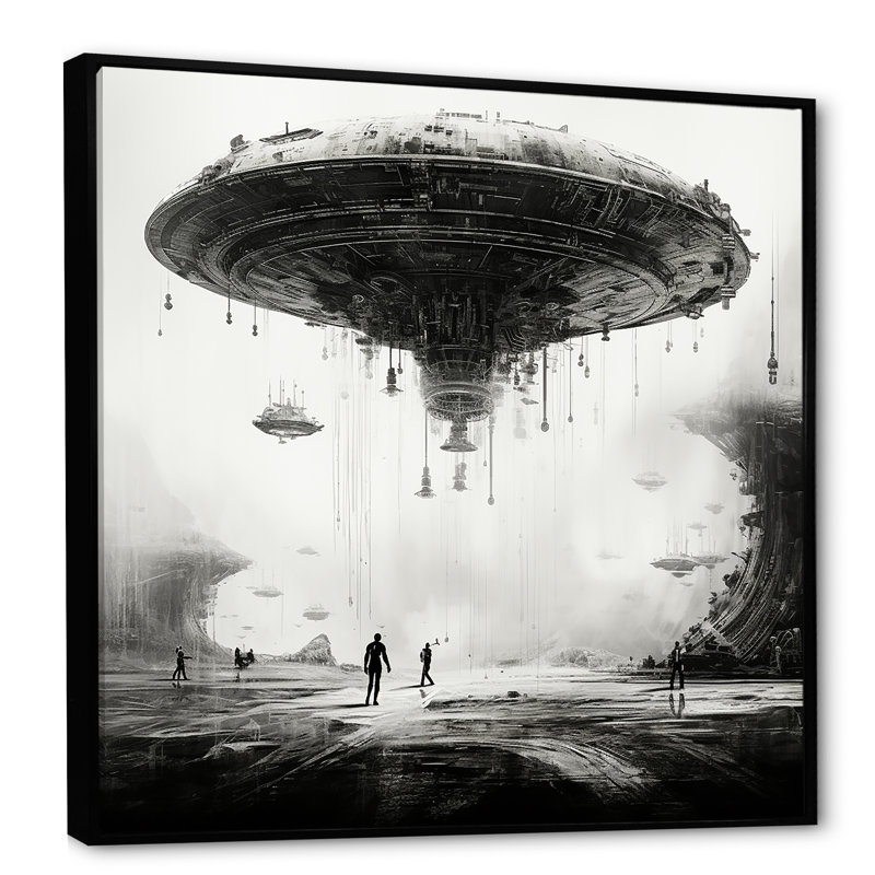«Minimalisme Sci Fi Ufo I» sur toile, Cadre flottant noir, H 36 po x l 36 po x P 1,5 po