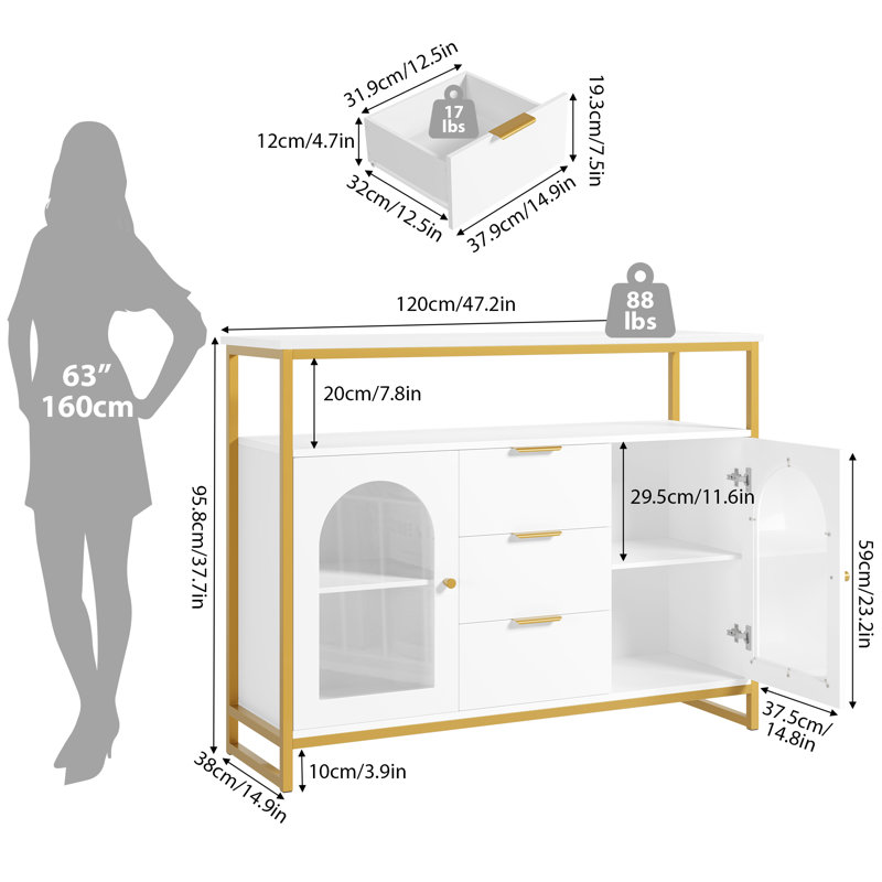 Buffet 3 tiroirs, blanc et or