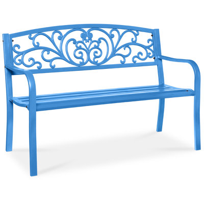 Outdoor Steel Bench Garden Patio Porch Furniture W/ Floral Design Backrest