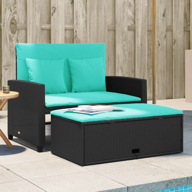 Canapé de patio avec coussins 2 places Ebern Designs, Blanc, crème, Rattan, Noir