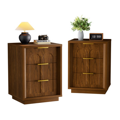 Ensemble de 2 tables de chevet cannelées avec 3 tiroirs en panneau de fibres à densité moyenne noir pour le salon de la chambre à coucher