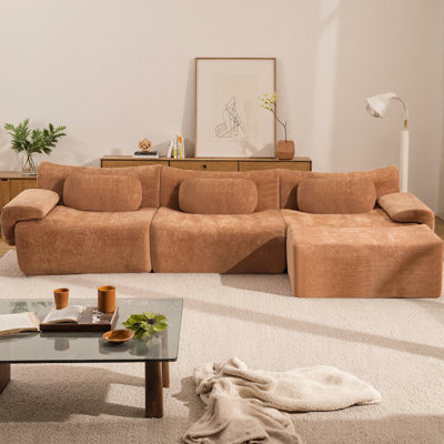 Modular Sectional Sofa with Ottoman, 3+1 Seater Chenille Deep-Seat Couch, Bamboo Joint Shape Design & 3 Pillows, Extra-Large Compression for Living Room & Bedroom, No Assembly Required
