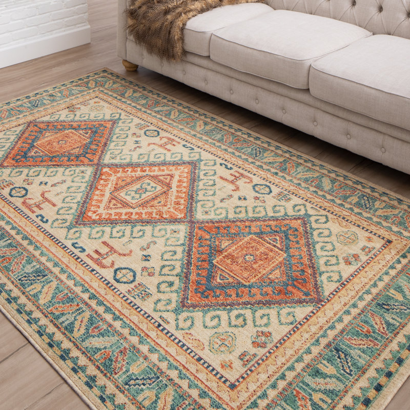 Tapis oriental touffeté brun clair / bleu turquoise / corail Braedon, Rectangle 5 pi x 8 pi