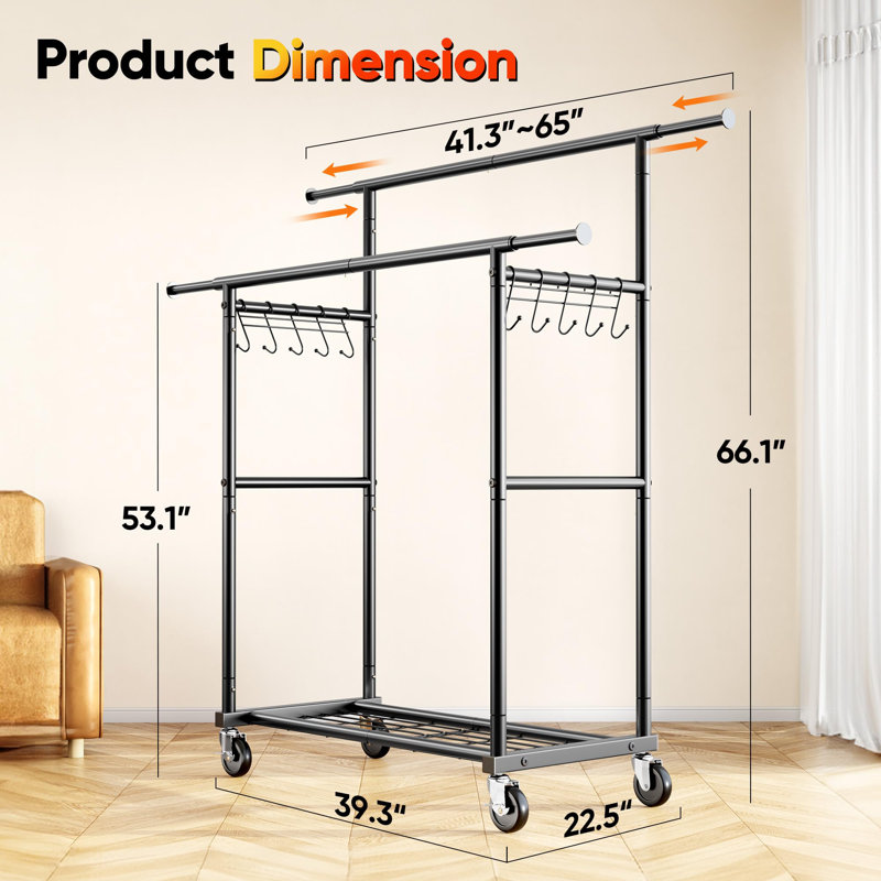 17 Stories Heavy Duty Double Rails Clothes Rack with Shelves, 450lbs ...