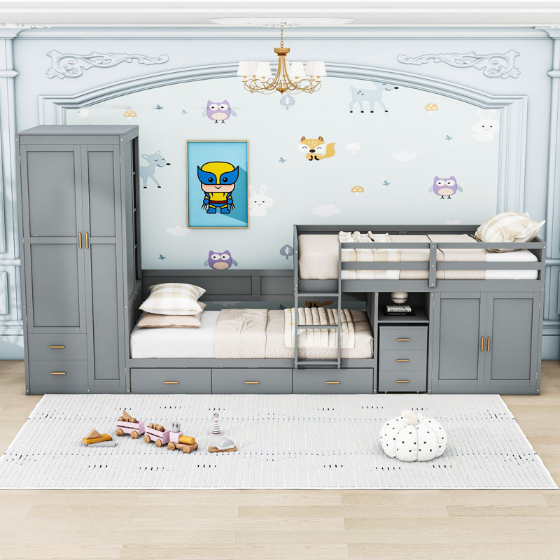 Hirona Twin Over Twin Wooden Displaced Bunk Bed With Twin Trundle, Cabinet, Wardrobe, Desk And Drawers