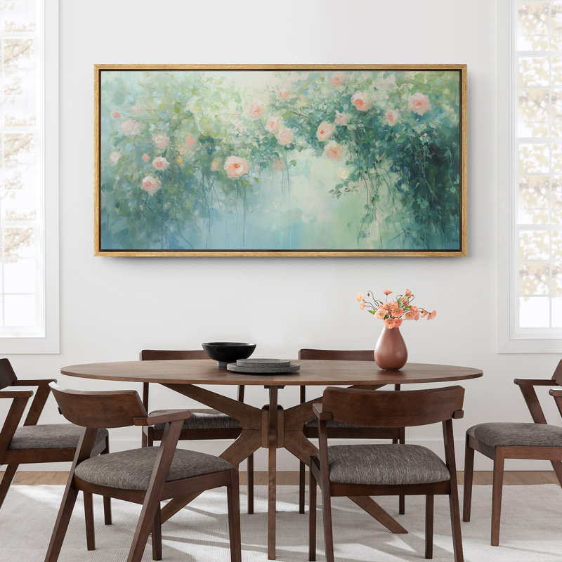 «Spring Garden Pink Roses», art mural floral vert vif, impression numérique sur toile giclée sur toile, Naturel