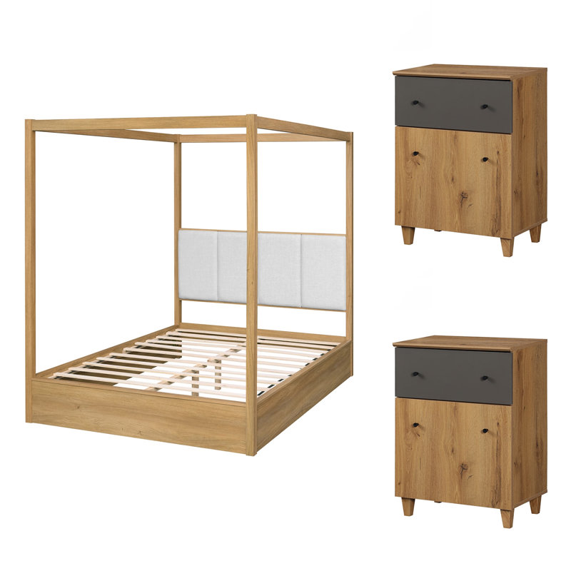 Lysiane 3 Pieces Bedroom Furniture Set, Queen Size Solid Wood Canopy Bed And 2 Large Nightstands With Drawers And Cabinets