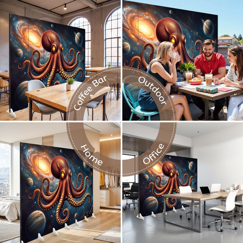 Cloison pliante 6 panneaux Royal Cosmic Octopus Glowing Eyes Outer Space Planets Galaxy Toile séparateur de pièce, Couleur 2