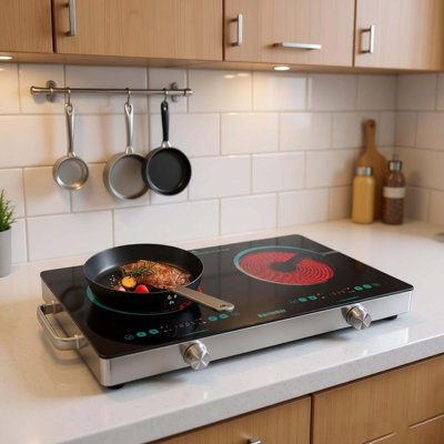 Karinear 24 Inch Electric Ceramic Stove, 110V With Plug, Portable Electric Stove With Handle, 2 Burner Electric Cooktop, 240 Minute Timer, Red Panels