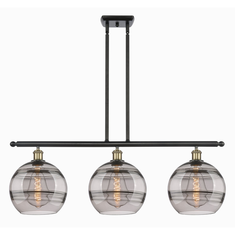 Luminaire suspendu pour îlot de cuisine à 3 lumières Chartoff, Gris fumée clair, Laiton antique