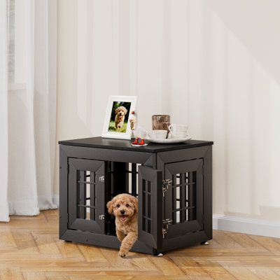 Meuble pour chien robuste de 26 po pour petits, moyens et grands chiens, mobilier d'intérieur rustique en bois pour chenil avec dessus imperméable, table d'appoint décorative pour animal de compagnie (noir)