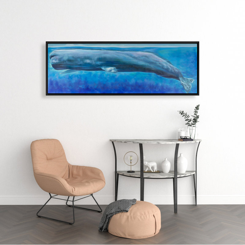 Toile encadrée avec cachalot | Décoration bleue animaux aquatiques, H 49,25 po x l 17,25 po