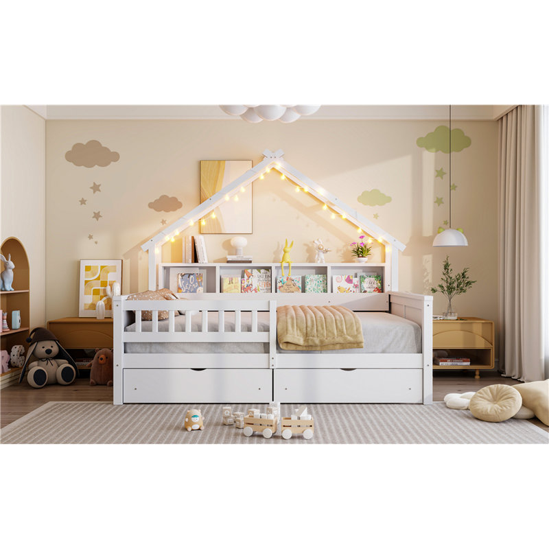 Lit plateforme blanc en bois pleine grandeur avec DEL, tablettes de rangement, tiroirs et garde-corps - Tiroirs de détente sécuritaires, durables