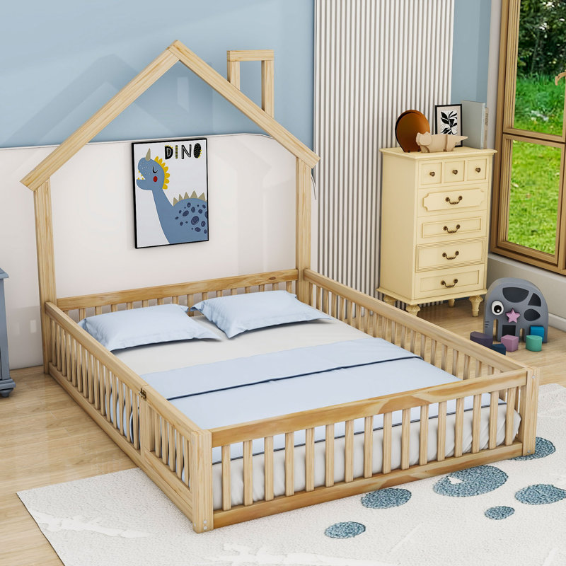 Full Wood House Platform Bed with Guardrails, Natural