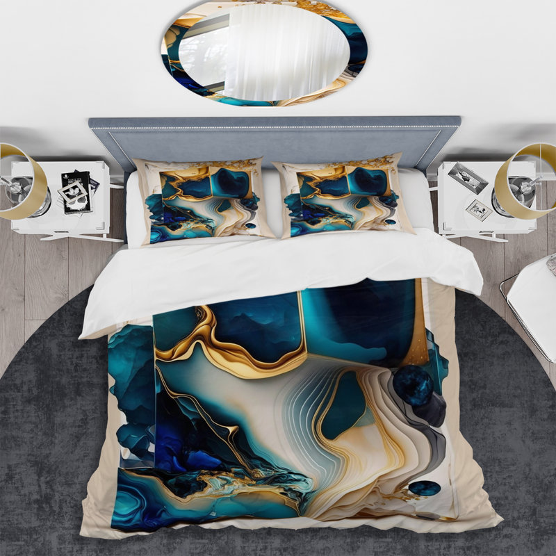 Ensemble de housse de couette en microfibre / polyester à motif abstrait géométrique en marbre bleu