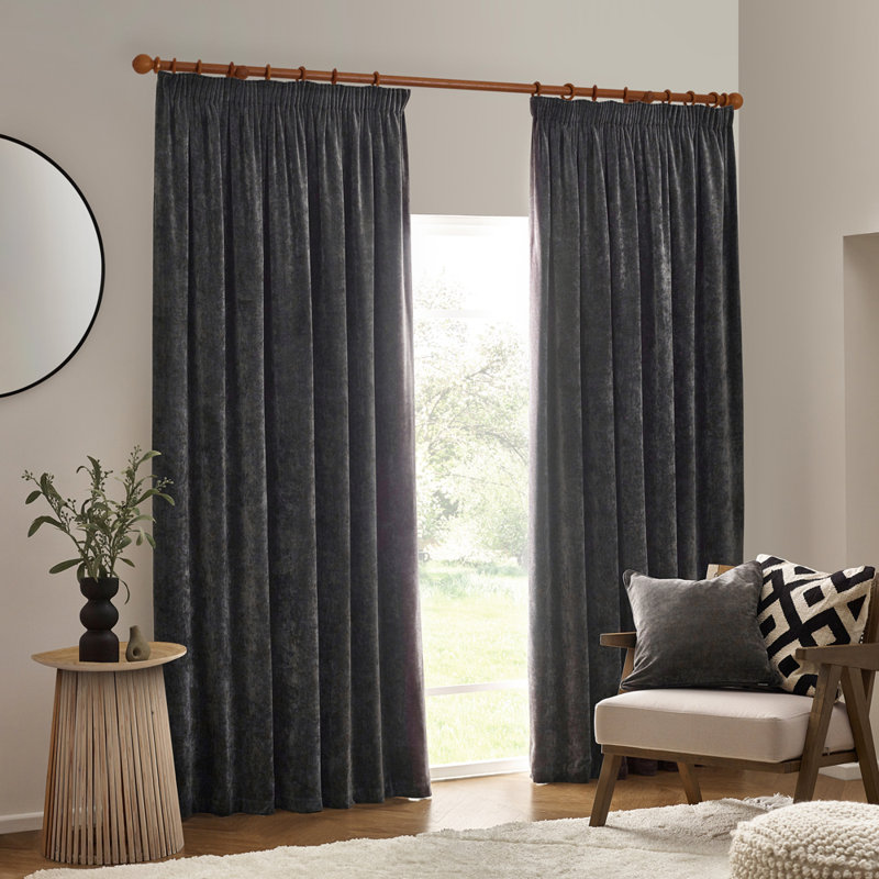 Heavy Chenille Blackout Curtain Panel Pair, Grey, 117cm Width x 183cm Drop