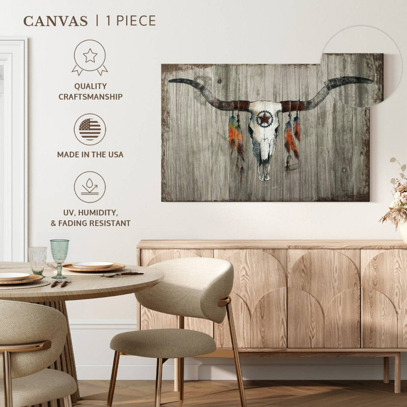 Khorn Longhorn sur bois gris foncé, H 34 po x l 51 po
