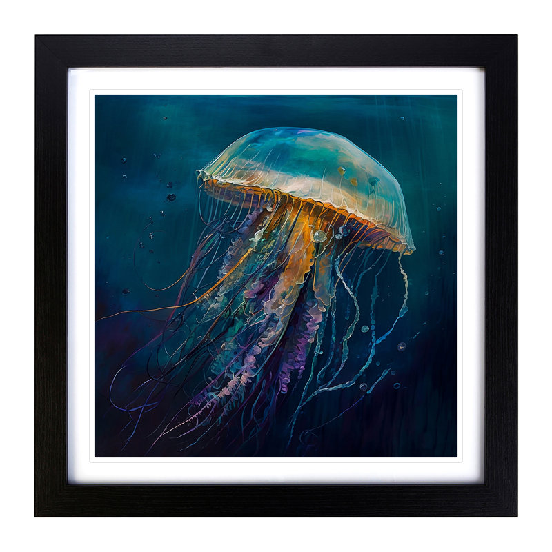 Jellyfish Palette Knife Painting - Single Picture Frame Print on Wood, Black