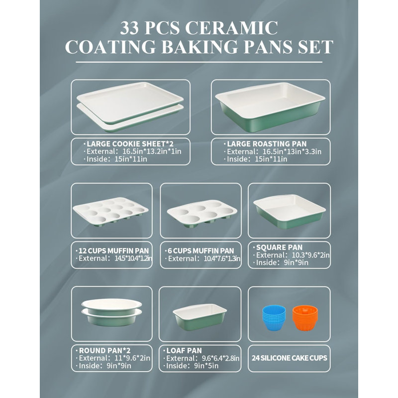 33-Piece Ceramic Nonstick Bakeware Set –  Includes Cookie Sheets, Round Pans, Loaf Pan, 12 & 6 Cup Muffin Pans, Roasting Pan & 24 Cupcake Liners, Stackable Storage， Dishwasher Safe,-Ready