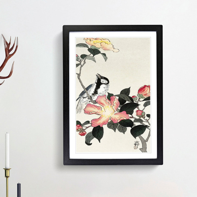 Great Tit on a Branch by Ohara Koson - Picture Frame Painting Print, 65cm H x 48cm W x 2cm D, Black Framed