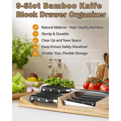 Cook N Home Basics Durable Wood Cutlery Holder, Knife Storage Block Organizer, Made of Rubber Wood, Polished Surface, Suitable for Drawers, 9-Slot