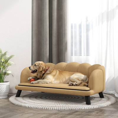 Grand canapé en velours pour chien avec coussin en mousse, lit pour chien doux et mignon avec motif perlé, canapé pour grands et moyens chiens, café, bois