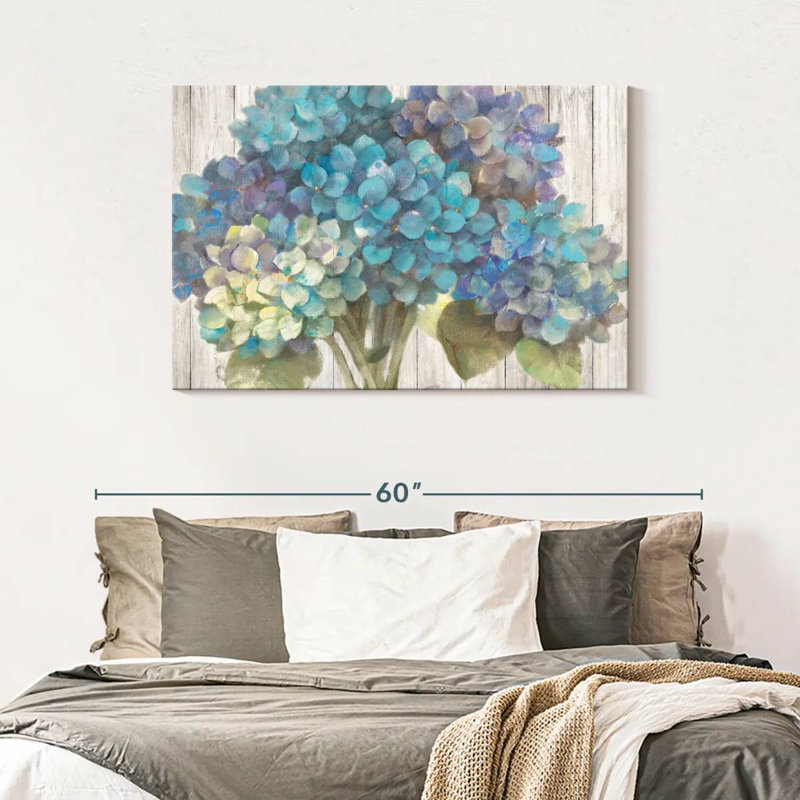Harnek Turquoise Hydrangea On Barn Board, 30" H x 45" W