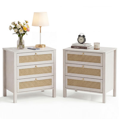  Set of 2 Large White Rattan Bedside Tables - Boho 3-Drawer Bedside Tables with Golden Handles - Wooden Cream Oak Storage for Bedroom & Living Room - Two white pieces