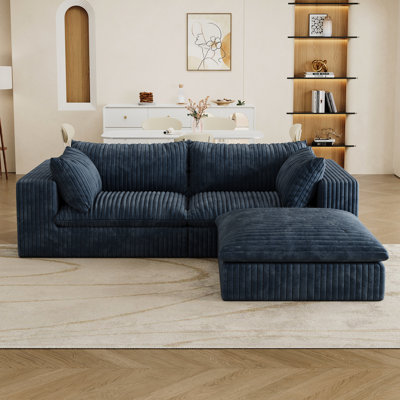 39.8" Blue Corduroy 3 - Seat Deep Couch With Removable Cushion, Double Layer Design, No Assembly, For Living Room, Bedroom, Apartment, Feather Filled Luxury Seat, Soft Comfort Full Sponge, High