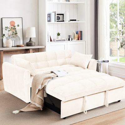 Lit en velours de 64,9 po, pliable avec dossier réglable. Structure en bois brun. Revêtement beige. Sac de rangement, oreiller. Confortable. Pour le salon, la chambre à coucher. Peut supporter 500 livres. Installation facile à l'arrière et à l'arrière.