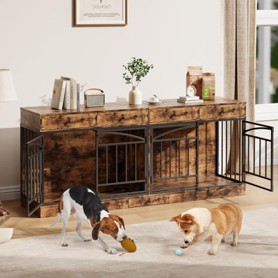 Double Dog Crate Furniture with 4 Storage Drawers & Feeding Bowls, Indoor Kennel TV Stand for Small/Medium Dogs
