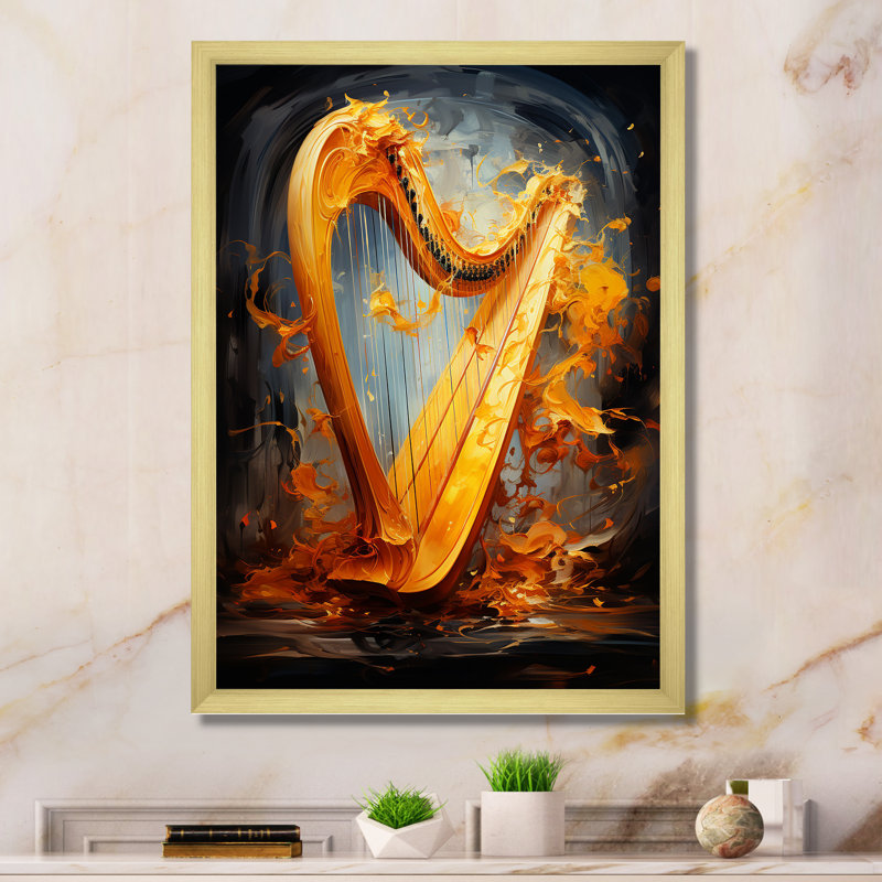 Majestic Golden Yellow Harmonic Harp sur toile, Cadre doré simple, H 32 po x l 24 po x P 1 po