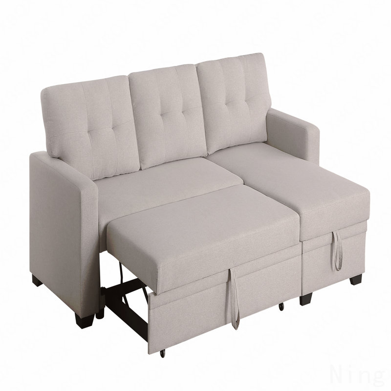 Upholstered Pull Out Sectional Sofa With Chaise, Beige
